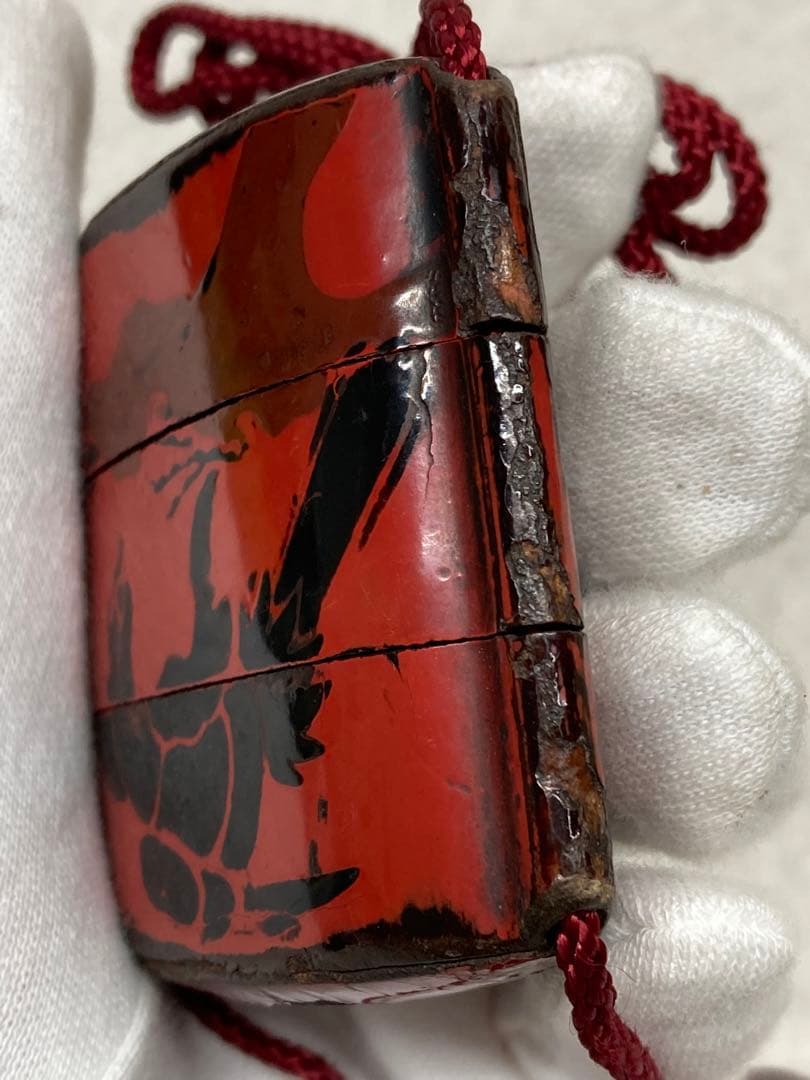 当時物 江戸時代～明治時代 印籠 蒔絵 漆器 3段印籠 玉石在銘 ヤギ根付