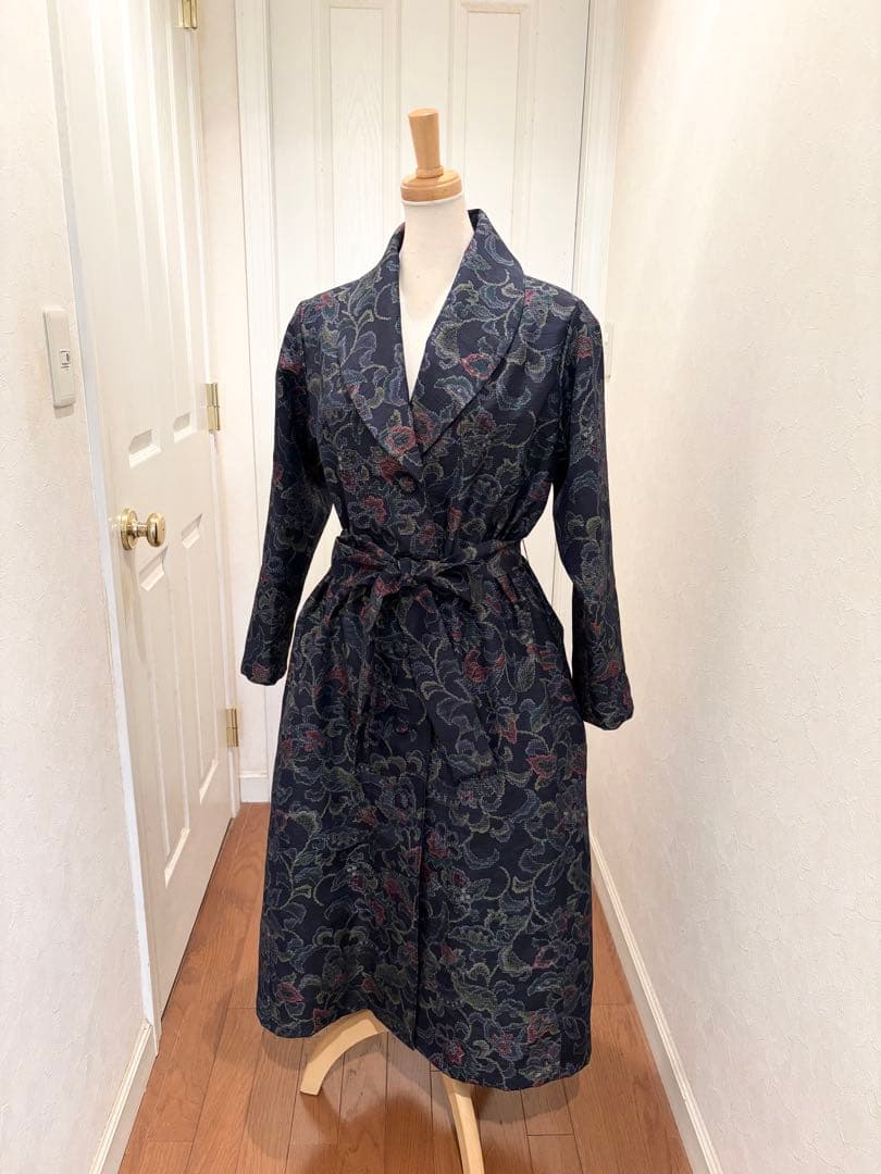 167 着物リメイク 正絹 紬 更紗花文 ロングコート リボン付