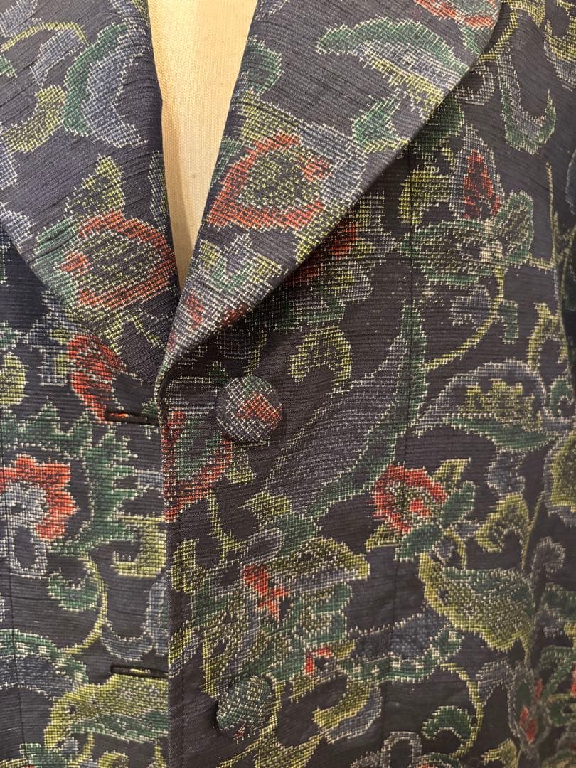 167 着物リメイク 正絹 紬 更紗花文 ロングコート リボン付