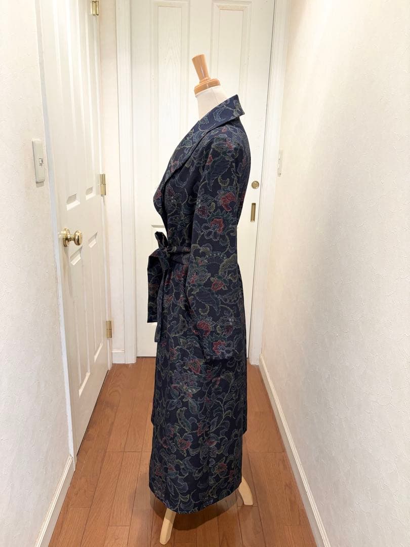 167 着物リメイク 正絹 紬 更紗花文 ロングコート リボン付