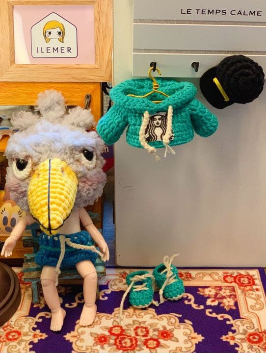 創作ドール　可動式ボディ　ハシビロコウ　編みぐるみ　人形