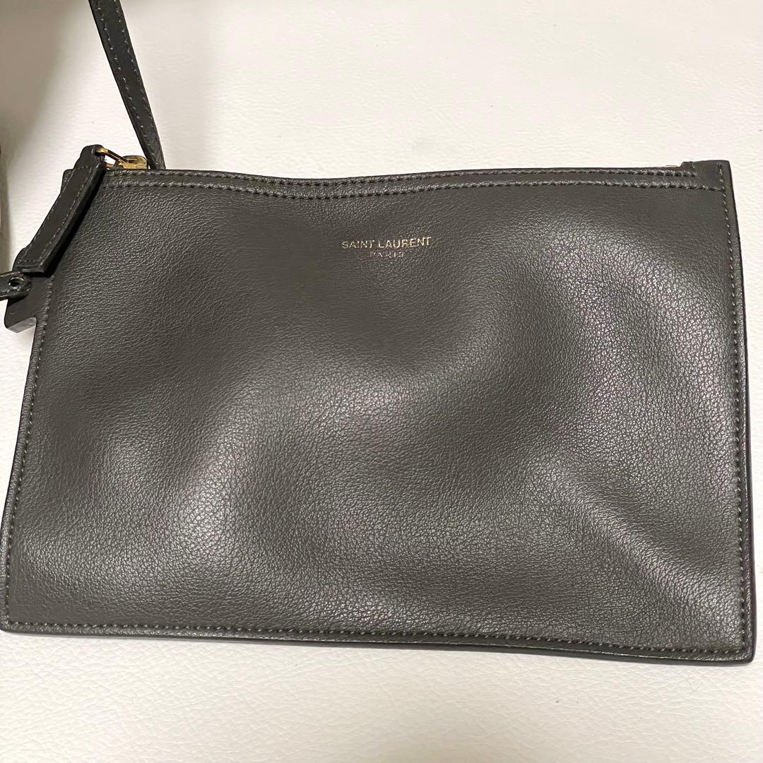 サンローラン サックショッピングトートバッグ ポーチ付 レザー チャコールグレー