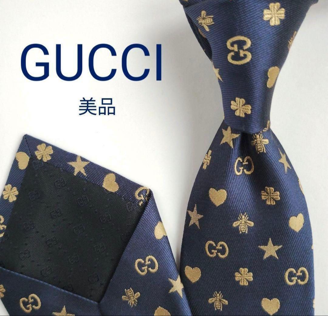 美品 グッチ ネクタイ GG ビー ハート スター ジャガード