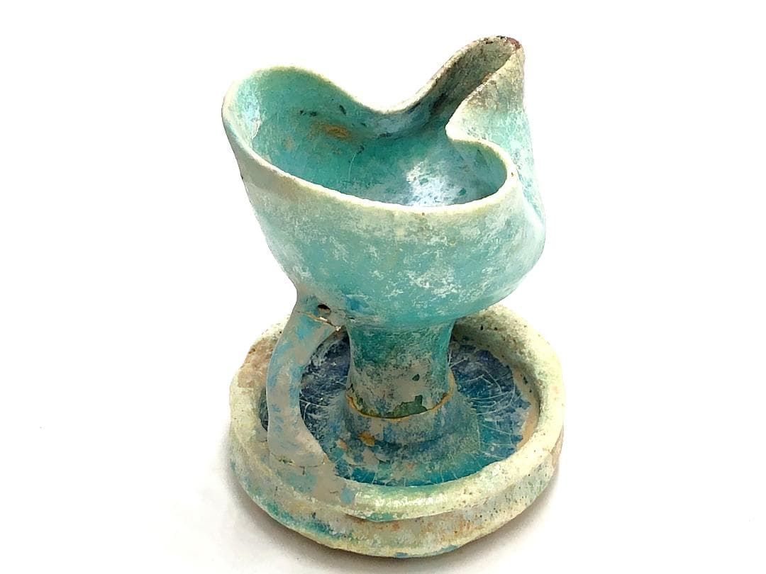 【 ペルシャ古陶 】 出土灯火器 青釉銀化 イスラム陶