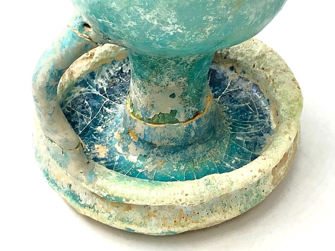 【 ペルシャ古陶 】 出土灯火器 青釉銀化 イスラム陶