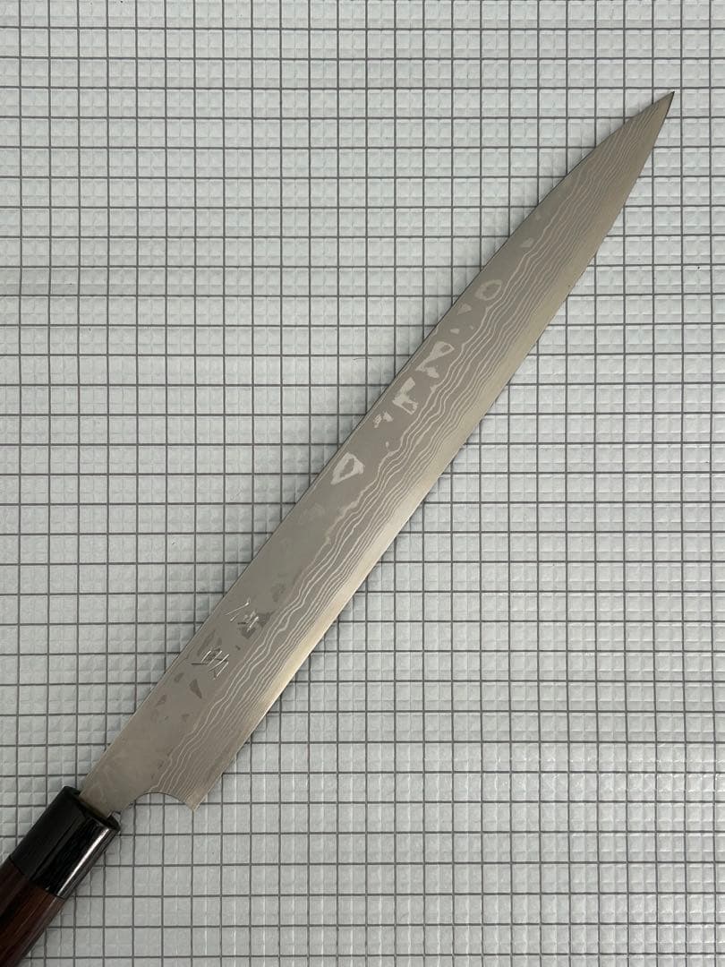 仙助 柳刃包丁 包丁 300mm 安来鋼青紙２号 ダマスカス 紫檀シノギ柄 ②