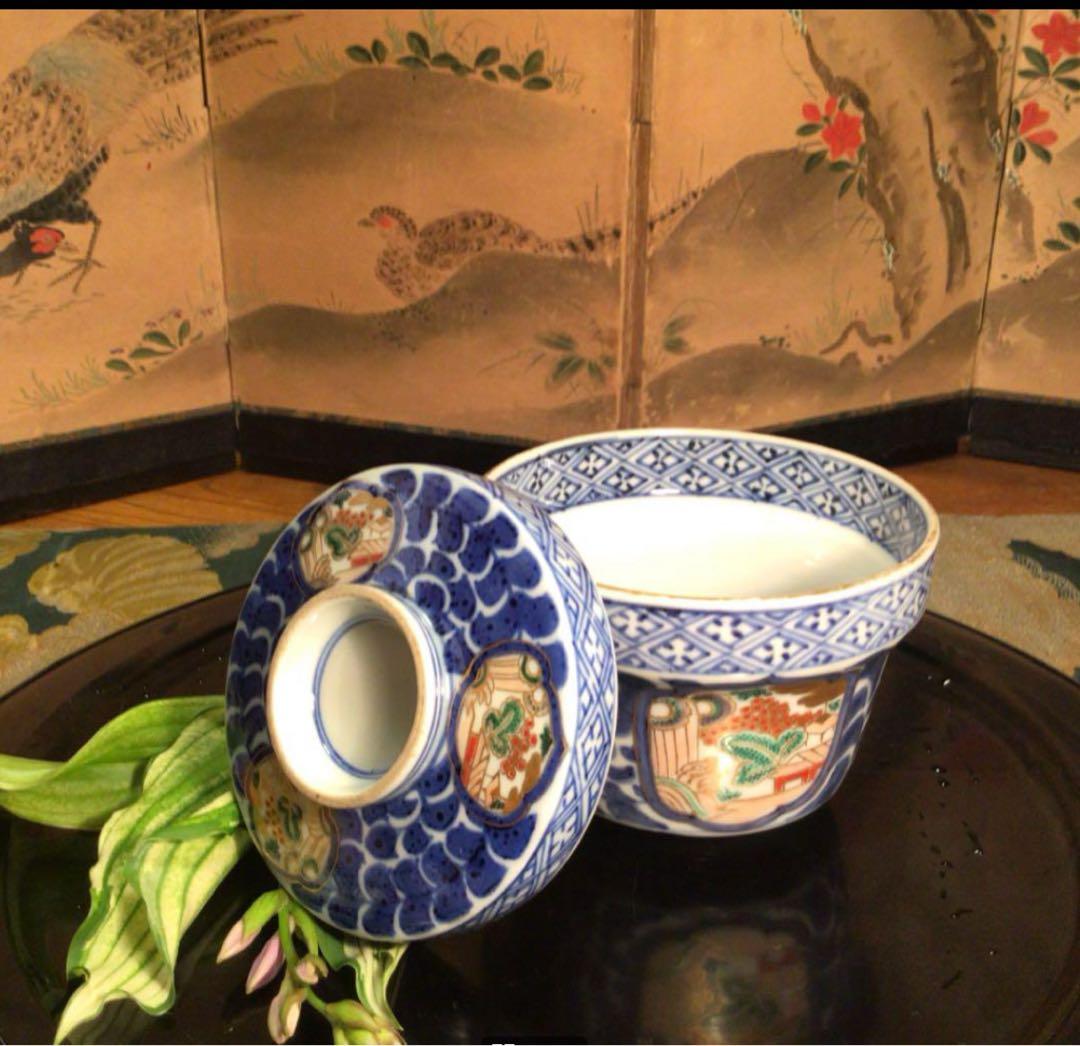 A1032 古伊万里染錦手　唐草　窓絵山水紋様　蓋茶碗　1客