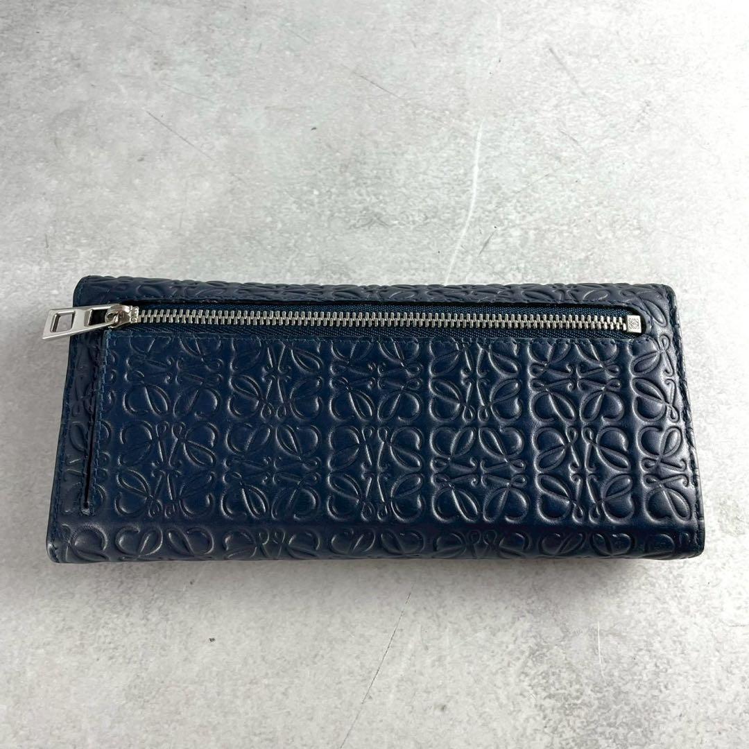 【美品】ロエベ 長財布 リピート アナグラム 型押し 総柄 レザー ロゴ 紺色