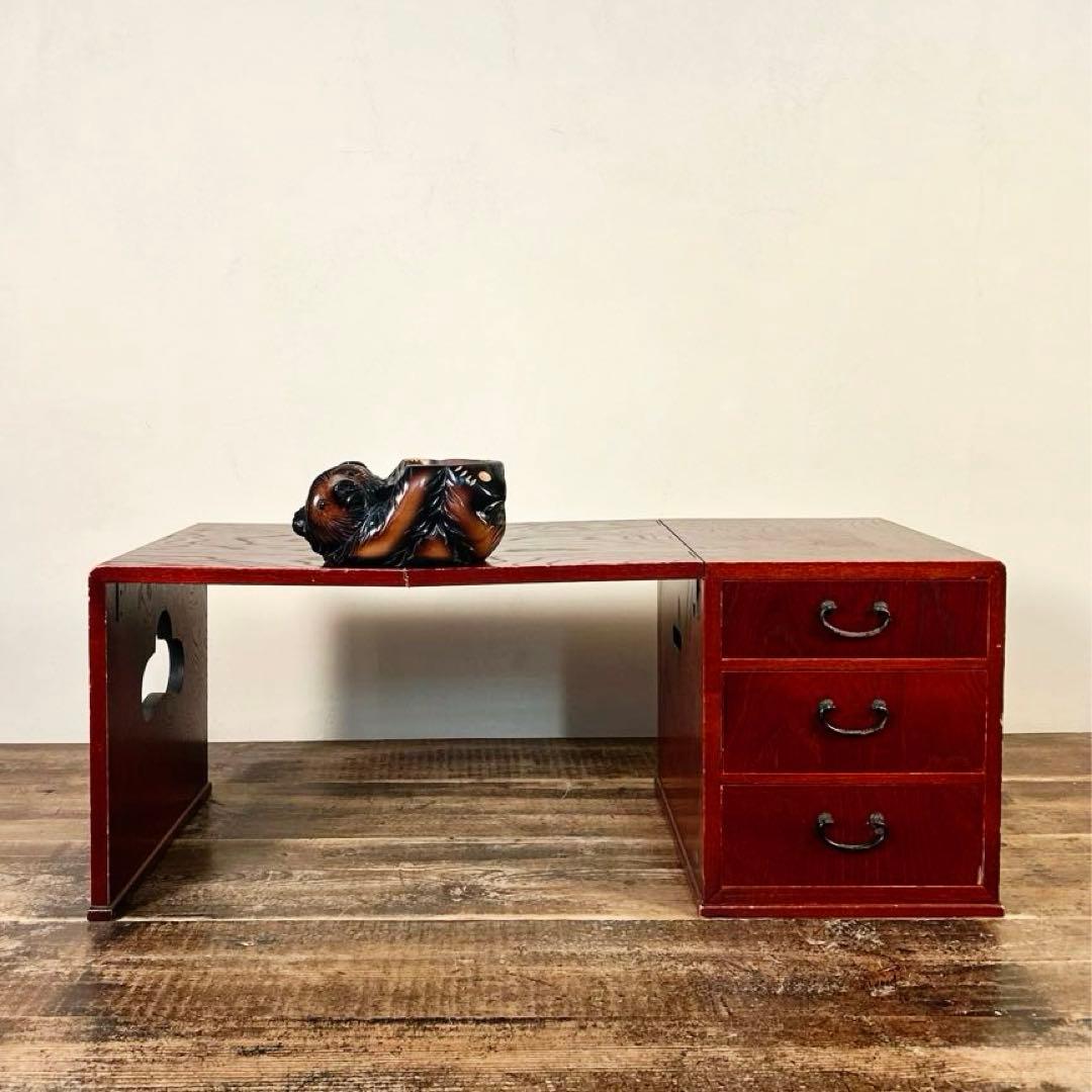 折りたたみ文机 アンティーク 日本古家具 大正〜昭和初期 無垢 三段引出 古道具