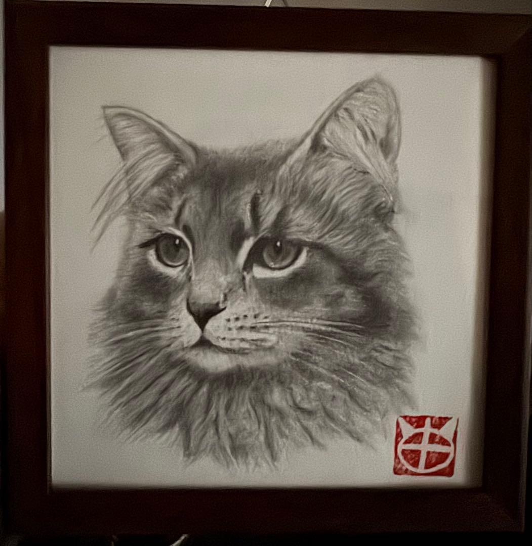 猫の鉛筆画 フレーム付き
