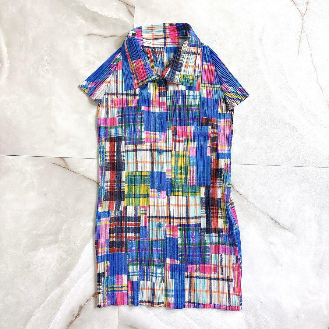 PLEATS PLEASEプリーツプリーズ　総柄　ブラウス　ブルー　半袖サイズ3