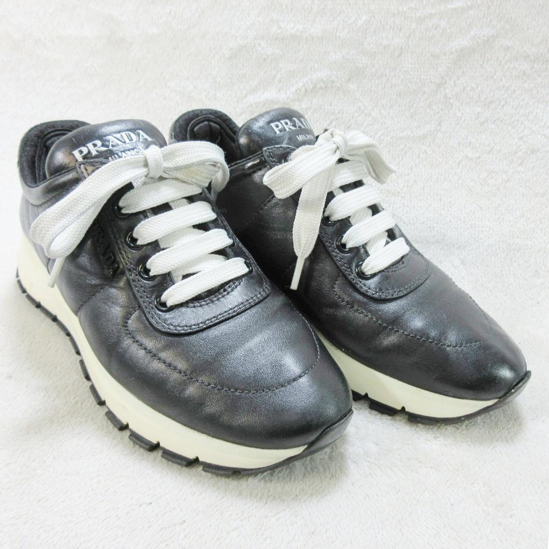 ✨ロゴ満載✨PRADA オールレザースニーカー 黒 EU35 22cm相当