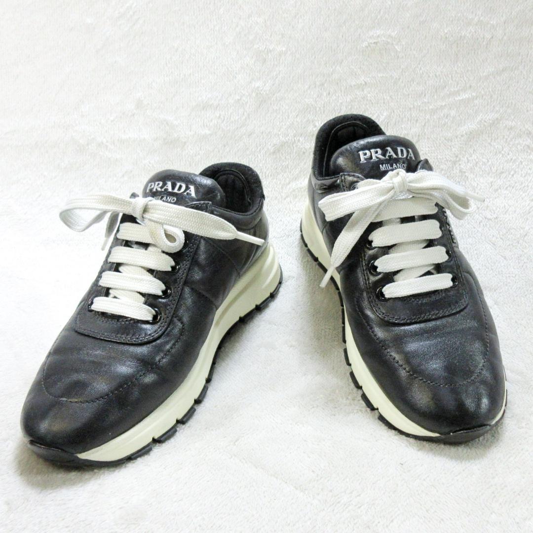 ✨ロゴ満載✨PRADA オールレザースニーカー 黒 EU35 22cm相当