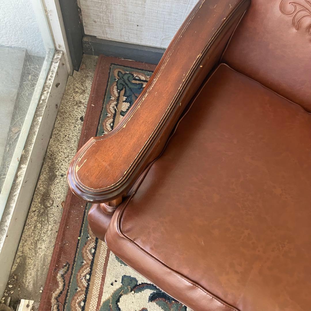 昭和レトロ オールドカリモク 古家具 三人掛けレザーソファー アームチェア 装飾