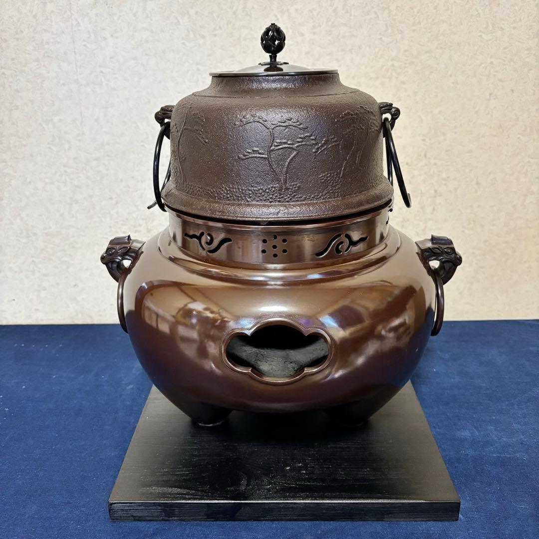 風炉/茶釜/電熱器/唐銅鬼面風炉/野々田製電熱器/敷板/茶道具/お点前道具