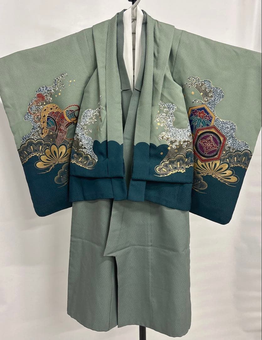 七五三:7歳の男の子用3点セット着物羽織常備メントグリーンのグラデーション