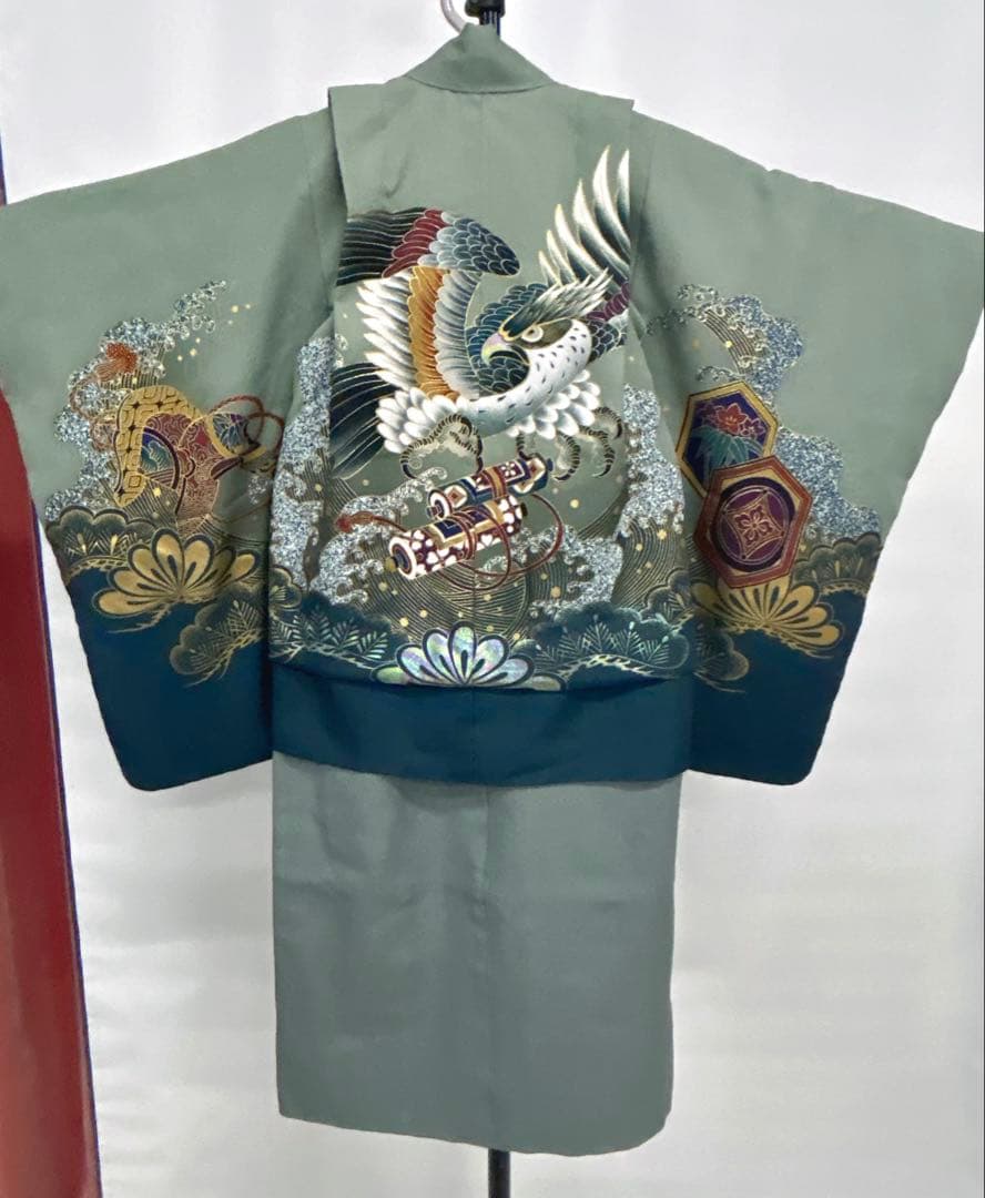 七五三:7歳の男の子用3点セット着物羽織常備メントグリーンのグラデーション