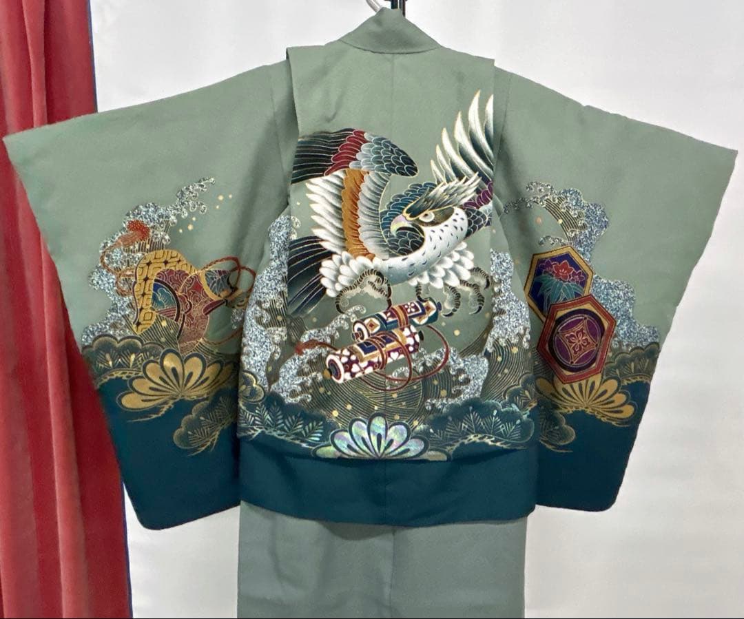 七五三:7歳の男の子用3点セット着物羽織常備メントグリーンのグラデーション