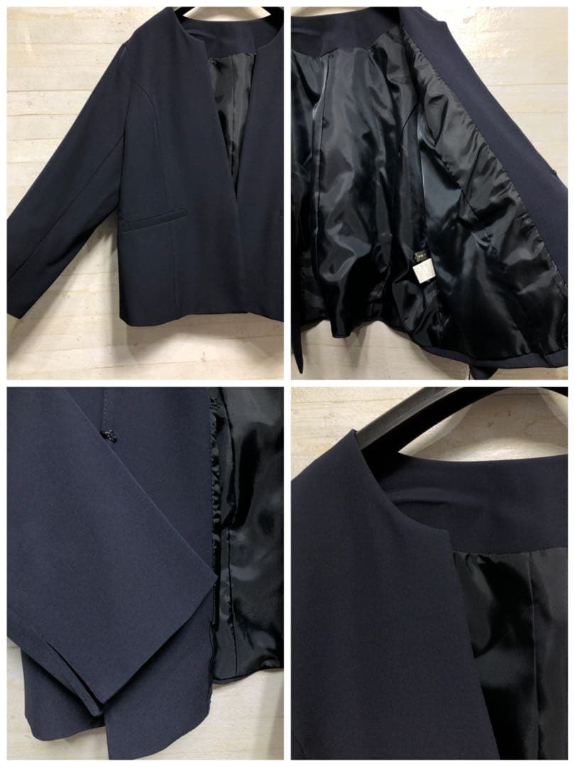 新品☆5Lサイズ♪紺系♪ノーカラーフォーマルパンツスーツ3点セット〇A999