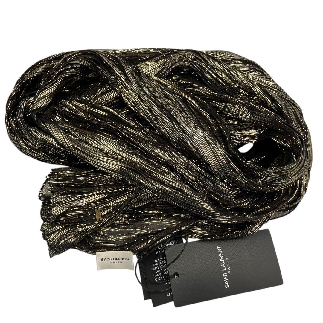 新品 SAINT LAURENT プリーツ スカーフストール ブラック ゴールド