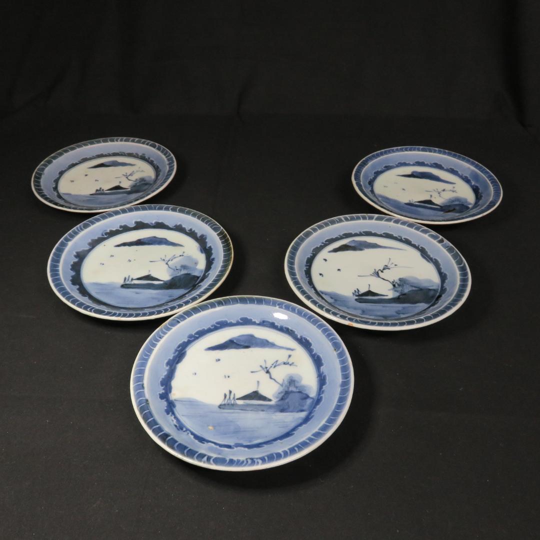 皿 5枚 古伊万里 染付 山水 江戸 窯傷 家屋 船