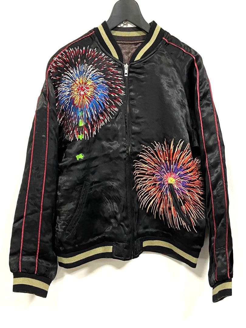 90sビンテージ 花旅楽団 両面刺繍 リバーシブル スカジャン M 花火 舞妓