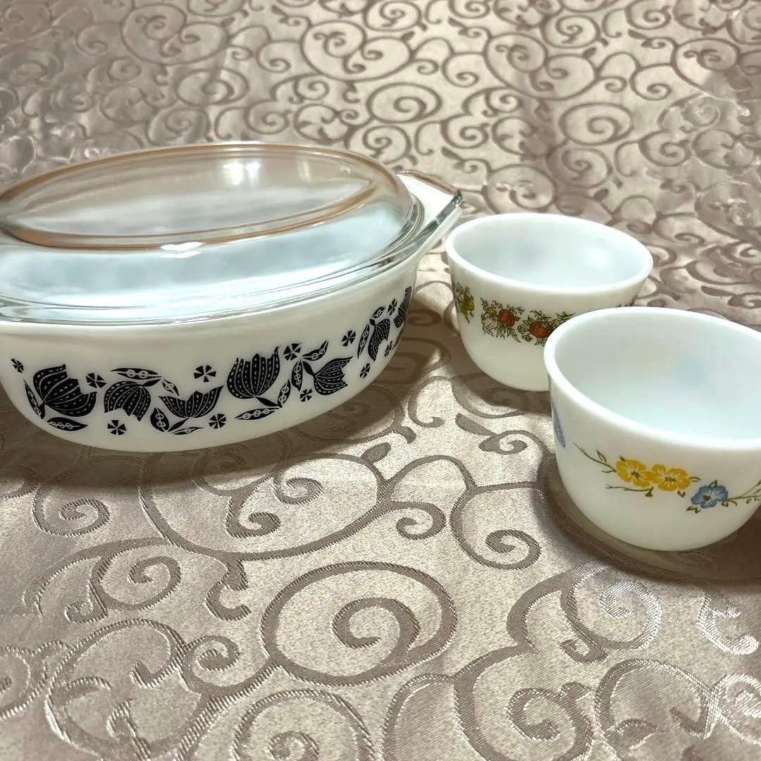 Pyrex 3点セット ブラックチューリップ＆小花柄 アメリカヴィンテージ