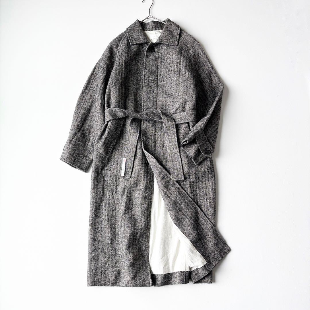 2950y美品　かぐれ　ヘリンボーンロングウールリネンコート グレー