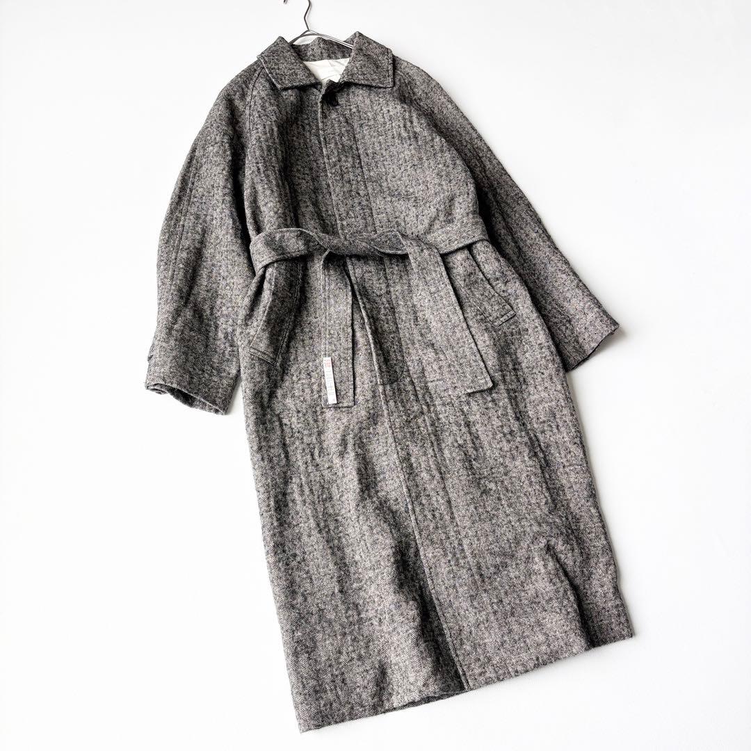 2950y美品　かぐれ　ヘリンボーンロングウールリネンコート グレー