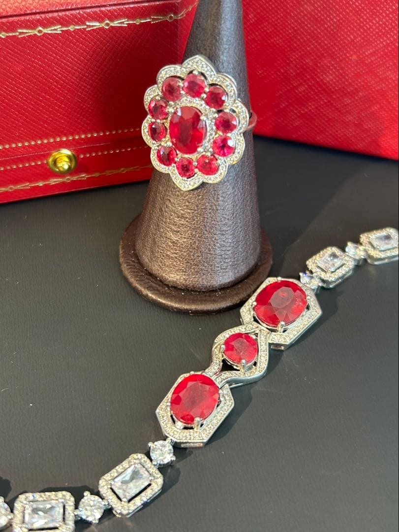 ど*☆様 天然石ルビーデザインリング＆ブレスレットセット