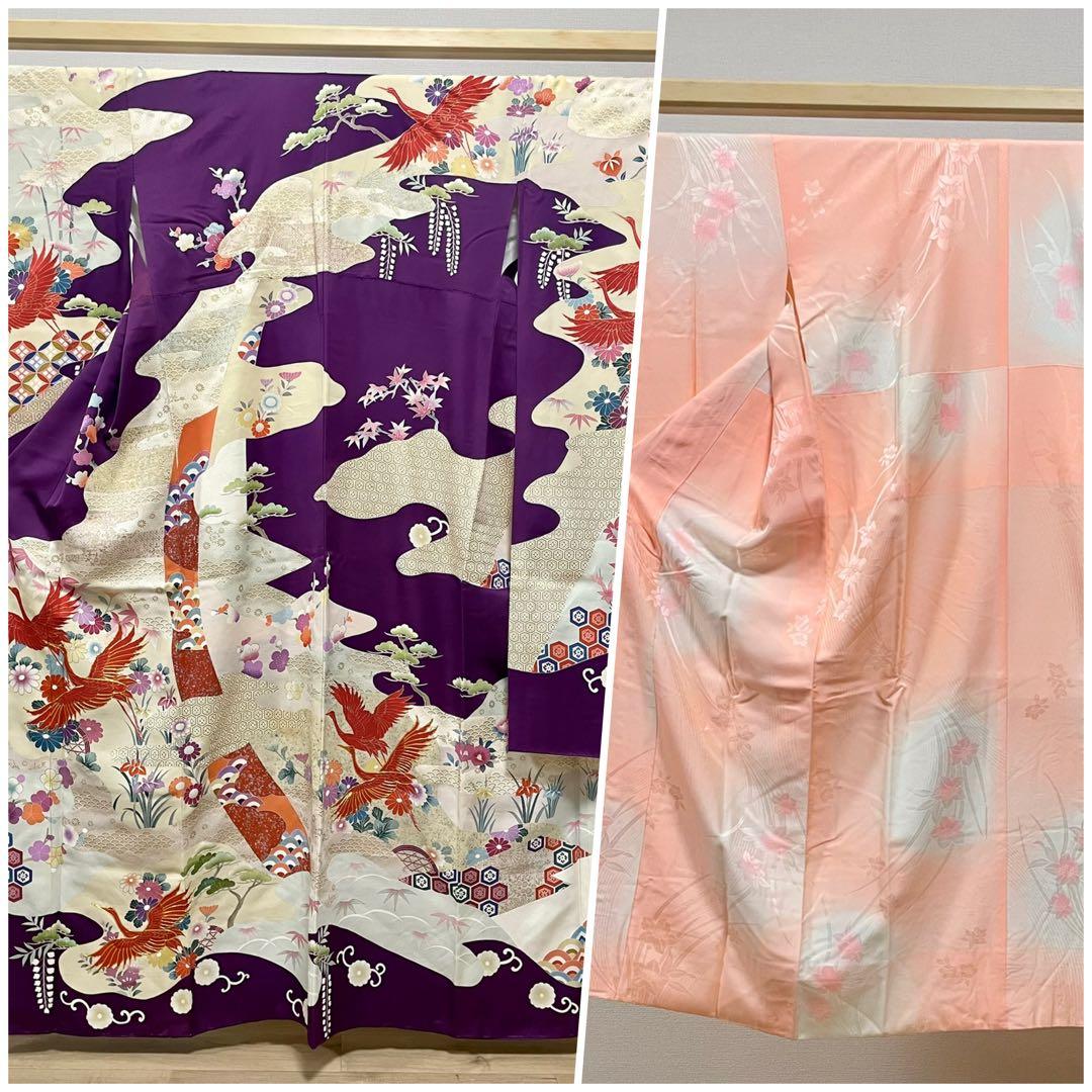 D 振袖襦袢セット 鶴に花々模様 金銀彩 金駒刺繍 正絹 袷 振袖 着物 K12