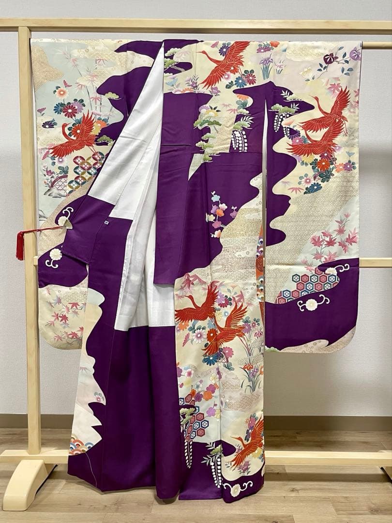 D 振袖襦袢セット 鶴に花々模様 金銀彩 金駒刺繍 正絹 袷 振袖 着物 K12