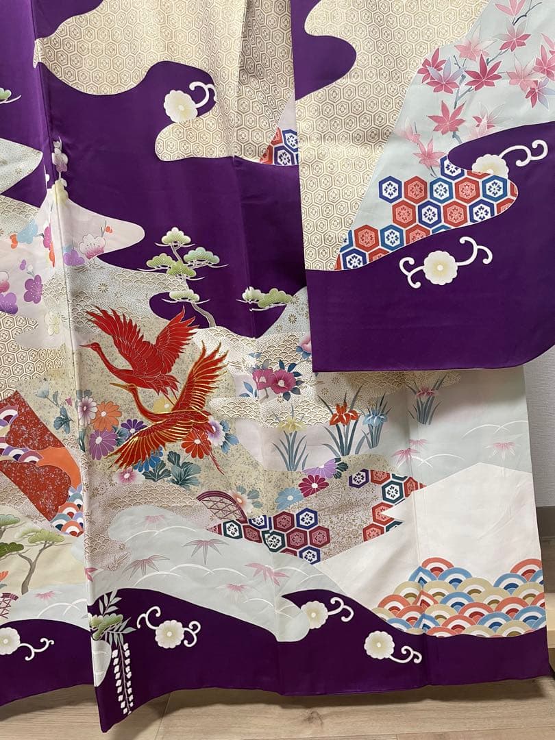 D 振袖襦袢セット 鶴に花々模様 金銀彩 金駒刺繍 正絹 袷 振袖 着物 K12