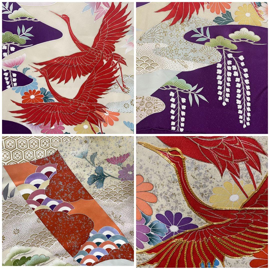 D 振袖襦袢セット 鶴に花々模様 金銀彩 金駒刺繍 正絹 袷 振袖 着物 K12
