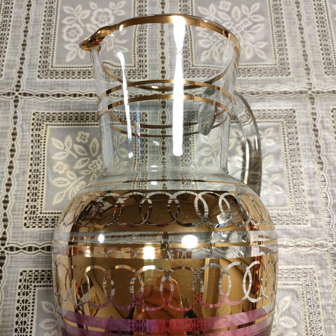 \"未使用\" ボヘミアングラスワインピッチャー＆グラス6客セット、チェコスロバキア