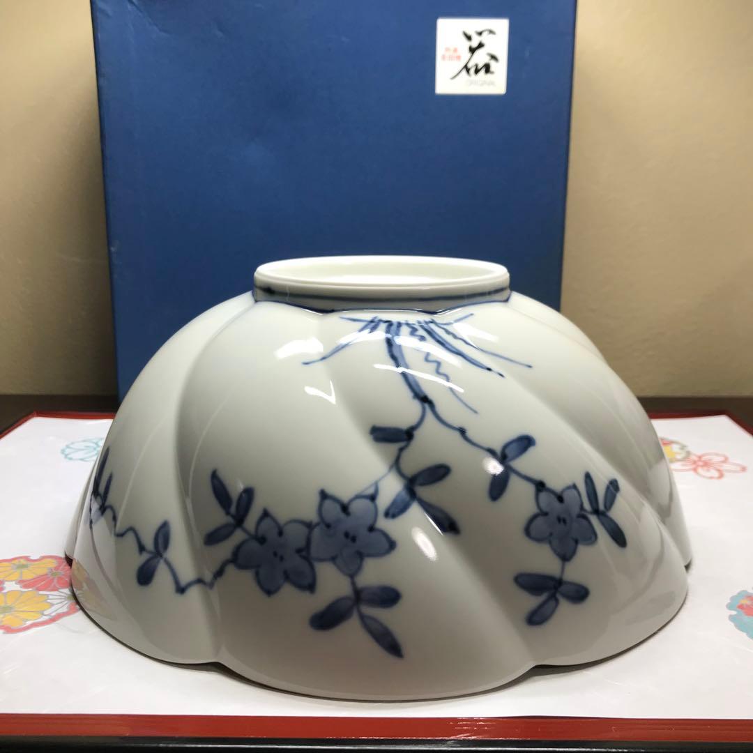 福泉窯　染錦花つなぎ文様　ひねり鉢　1客　共箱入り　秋の七草　桔梗　ひなまつり