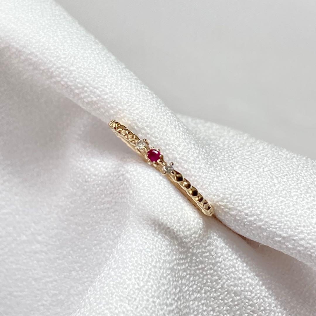 【Jouete】K10YG ルビー×ダイヤ ウェーブ ピンキーリング 3号 ✨