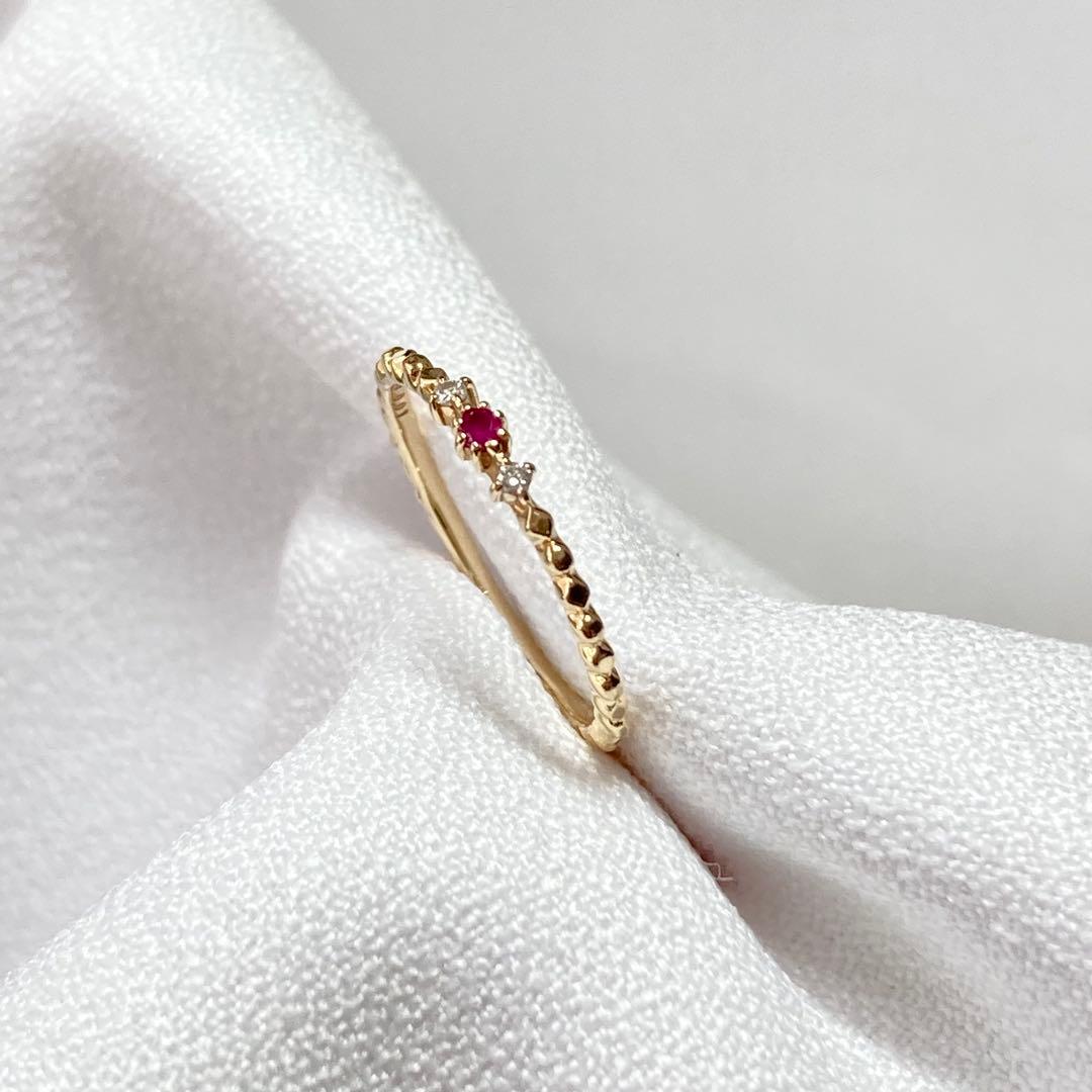 【Jouete】K10YG ルビー×ダイヤ ウェーブ ピンキーリング 3号 ✨