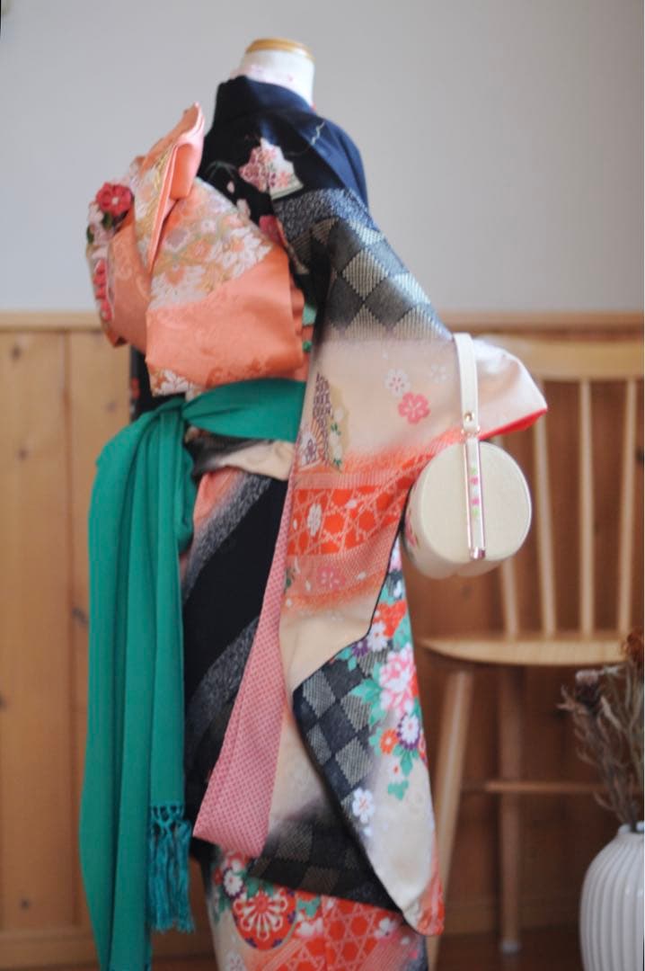七五三 フルセット 正絹 5歳 7歳 作り帯 袋帯 ジュニア 黒 アンティーク