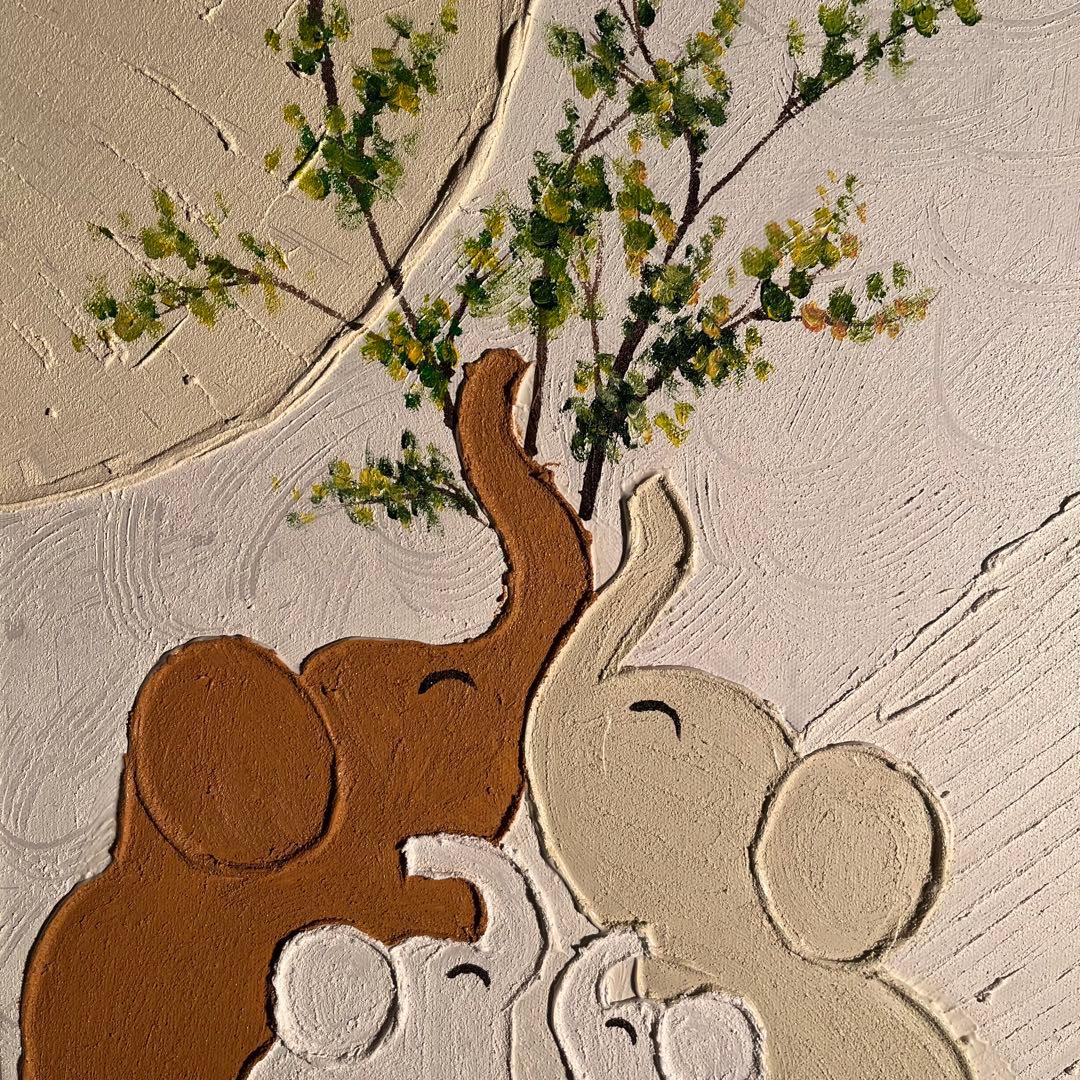 手書き 作品 象の家族 額付 肉筆絵画 インテリア 油彩+石膏
