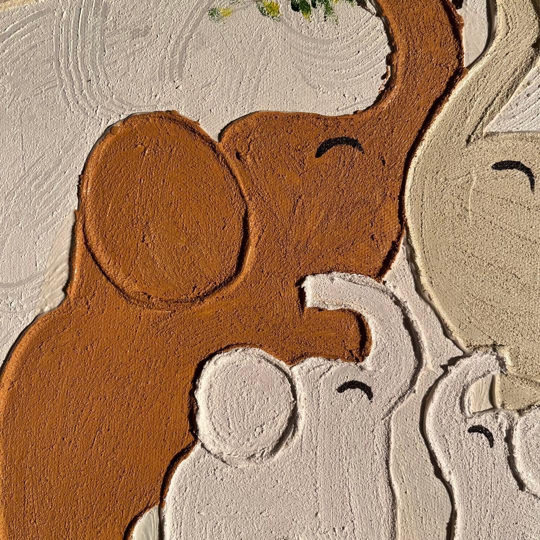 手書き 作品 象の家族 額付 肉筆絵画 インテリア 油彩+石膏