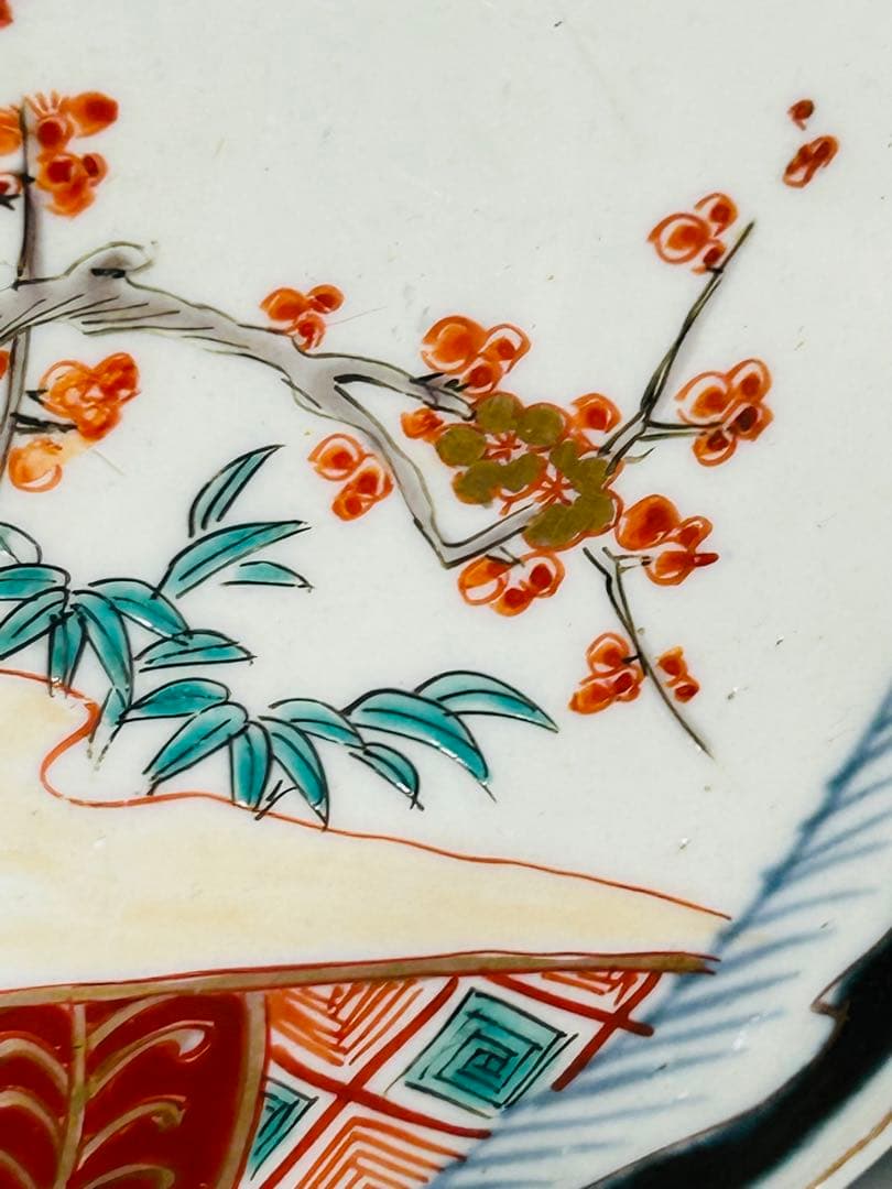 古伊万里　色絵　金襴手　松竹梅　鶴　輪花　七寸皿　5枚　21.5㎝　窓絵　帆舟