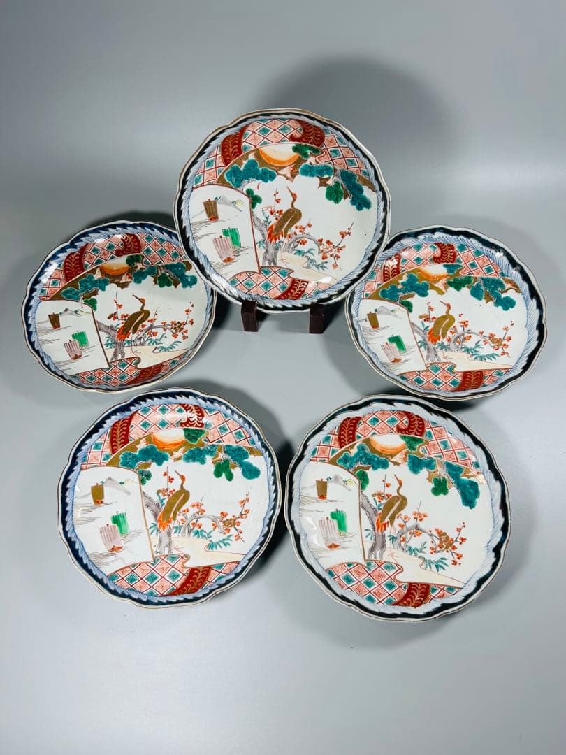 古伊万里　色絵　金襴手　松竹梅　鶴　輪花　七寸皿　5枚　21.5㎝　窓絵　帆舟