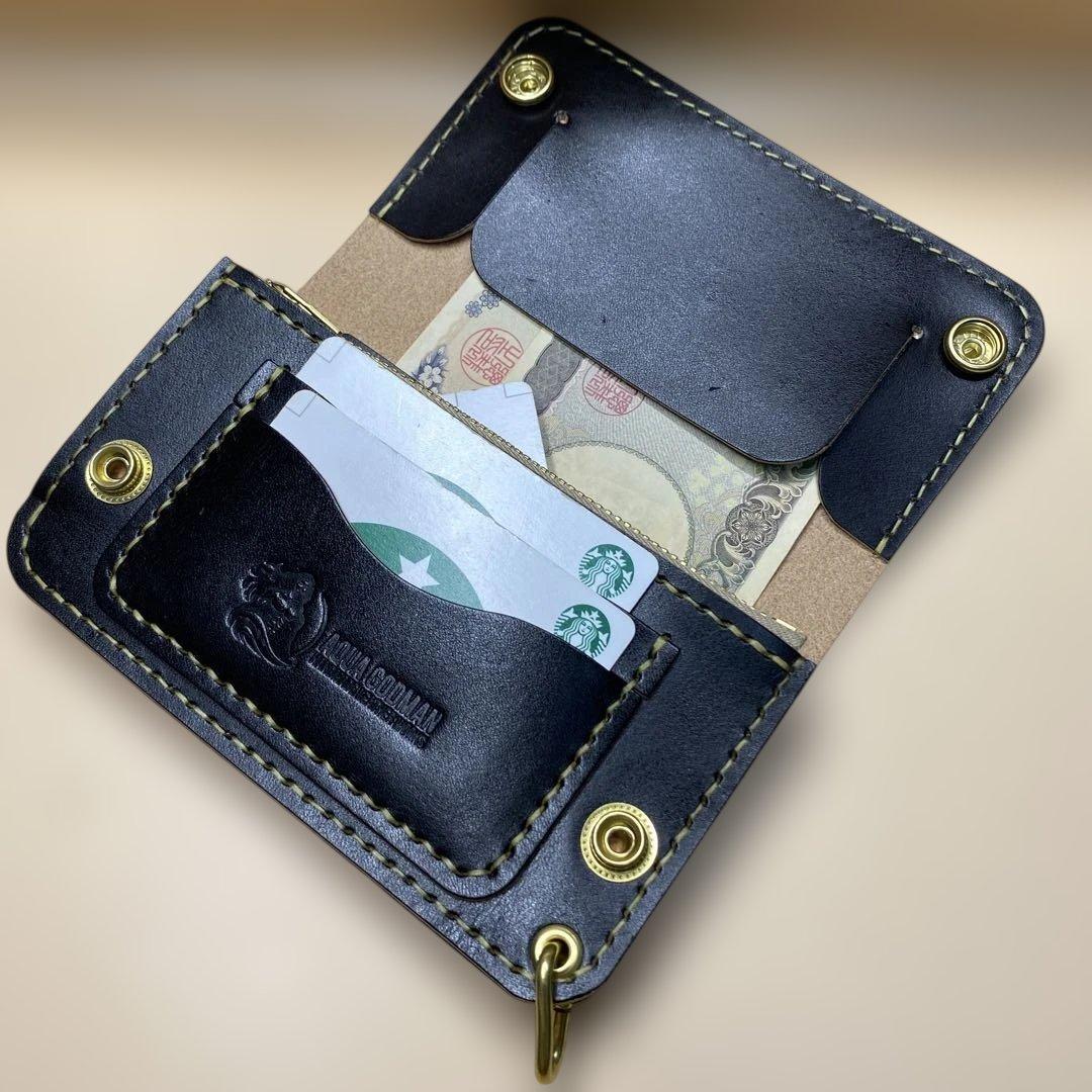 【無骨×上質】3層 丘染めブラック／ミドルトラッカーウォレット 折らずにお札収納