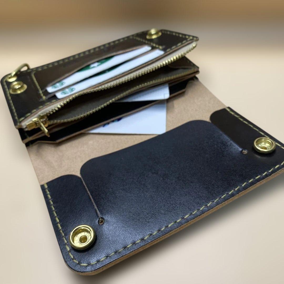 【無骨×上質】3層 丘染めブラック／ミドルトラッカーウォレット 折らずにお札収納