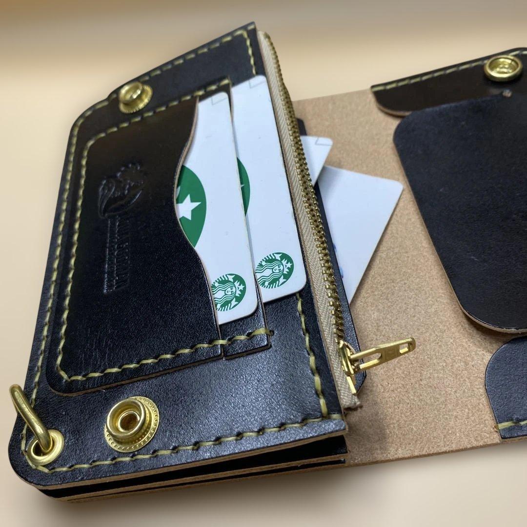 【無骨×上質】3層 丘染めブラック／ミドルトラッカーウォレット 折らずにお札収納