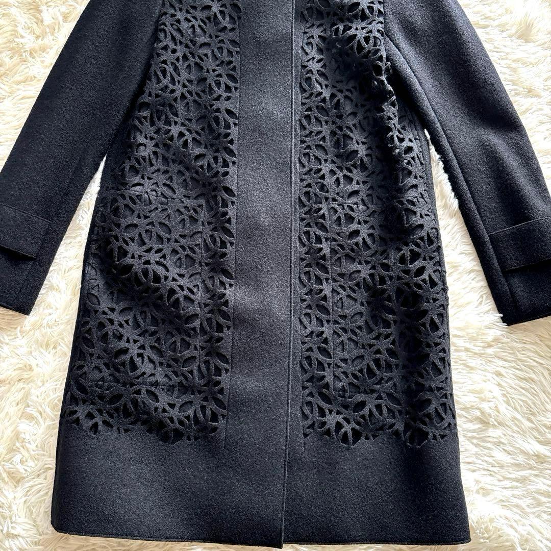 エポカ✨ノーカラー ダブルフェイス ロングコート 黒 38 カットワーク ウール