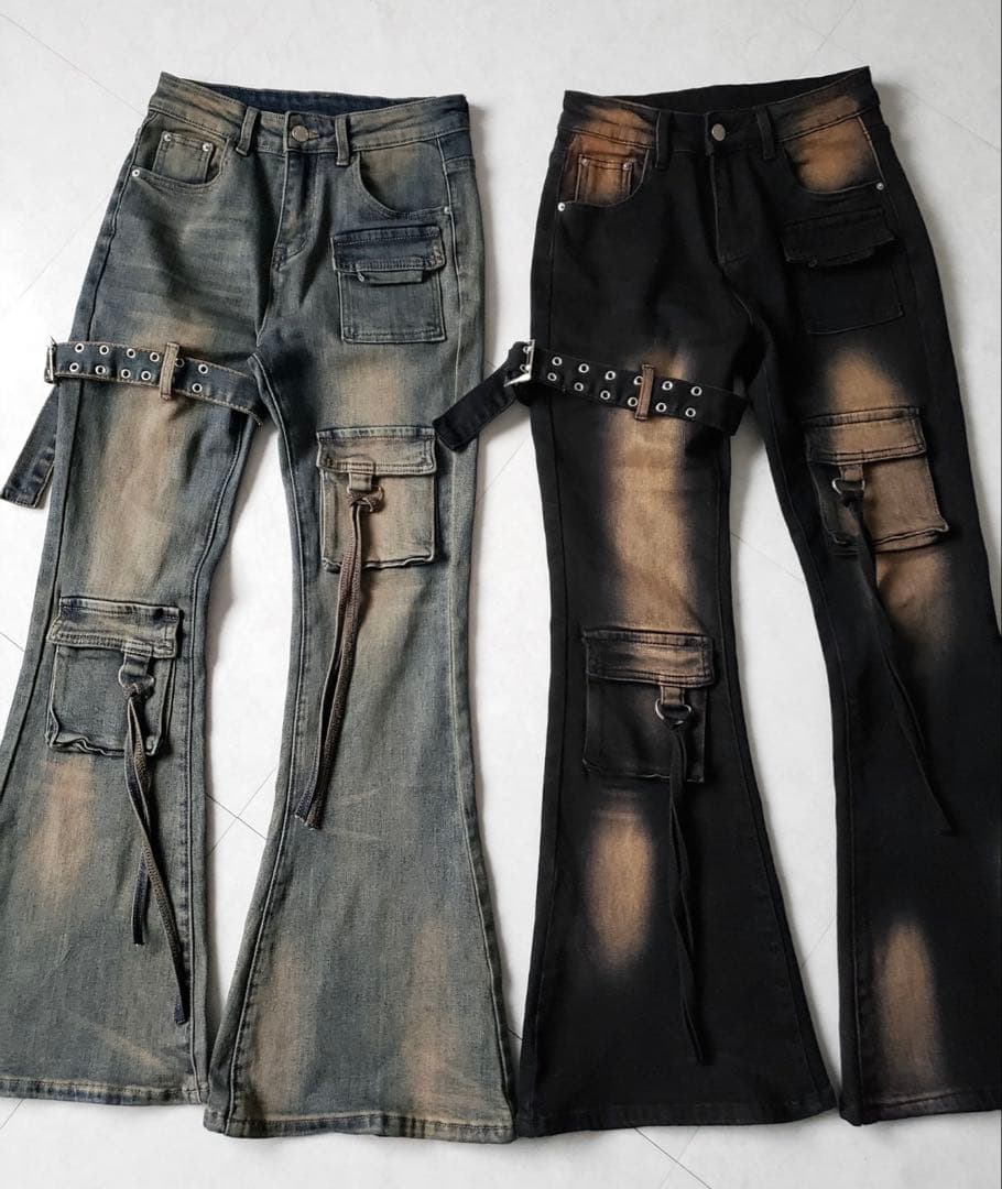 me+em select ベルテッドアウトポケットヴィンテージフレアデニム S