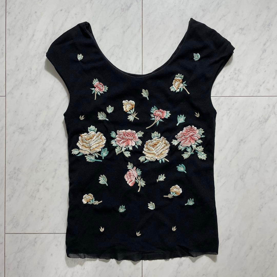 Vivienne Tam ノースリーブトップス 花柄刺繍 パワーネット 黒