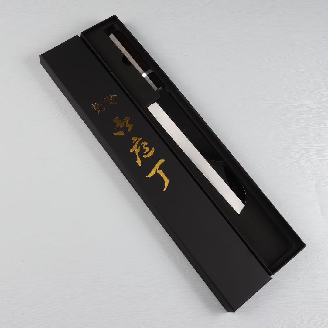 7680 鎌型薄刃包丁8寸ウルトラ鏡面仕上げ 刺身包丁 黒檀黒水牛一本銀巻八角柄